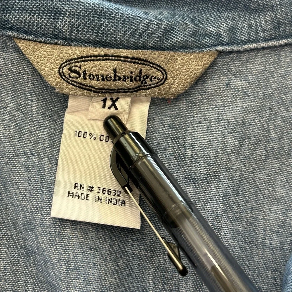 Stonebridge 1X Chambray‎ Denim Beaded Fringe Hem Shirt Festival Western Plus - Picture 10 of 13